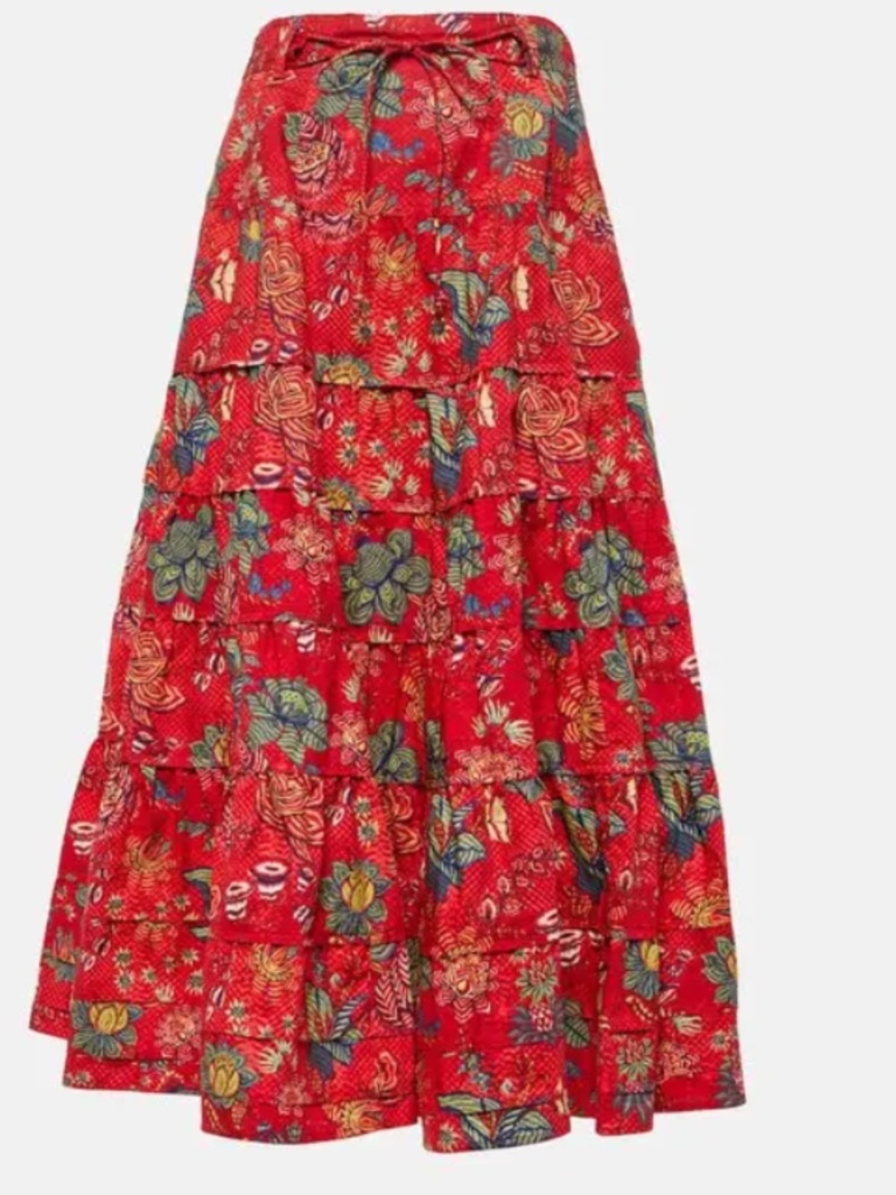 Ulla Johnson Red Floral Tiered A-Line Skirt with Multicolor Print